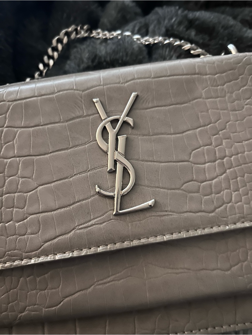 Saint Laurent Grey Croc-Embossed Leather Shoulder Bag with Silver YSL